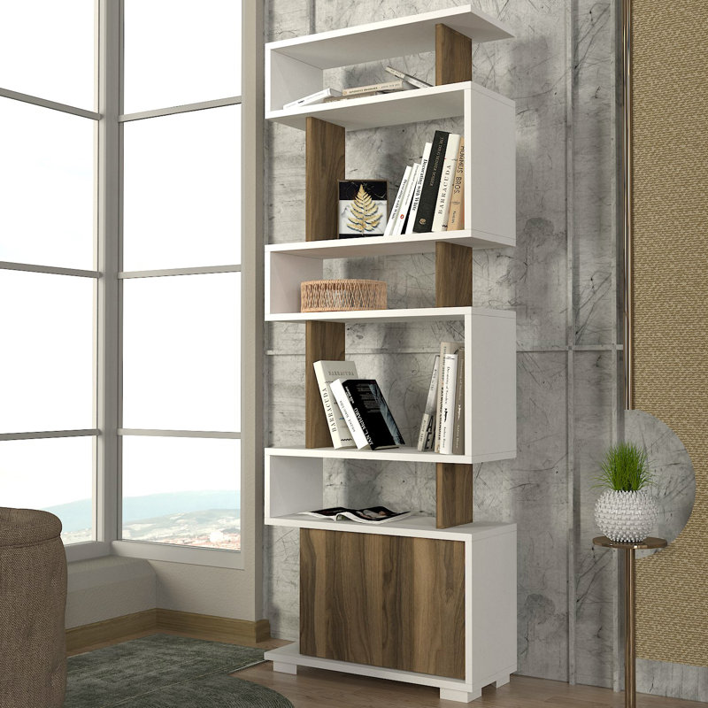 Jaoni 163cm H x 60cm W Geometric Bookcase, White/Walnut