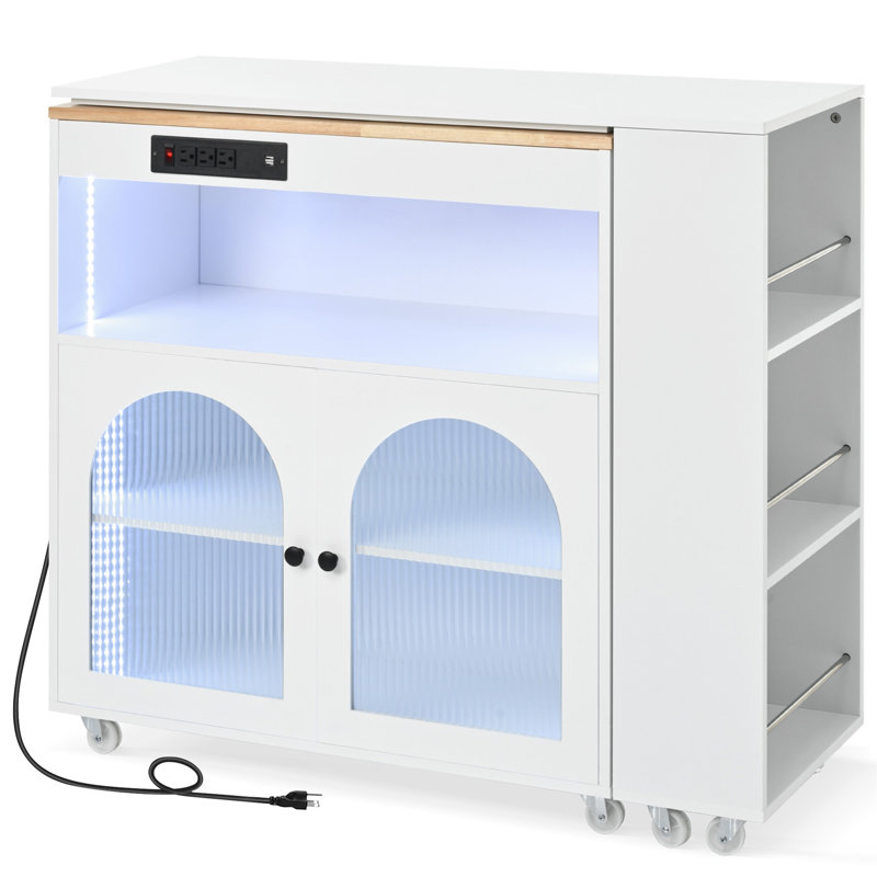 Rolling Kitchen Island With Extended Table, Kitchen Island On Wheels With LED Lights,Power Outlets And 2 Fluted Glass Doors, Kitchen Island With A Storage Compartment And Side 3 Open Shelves