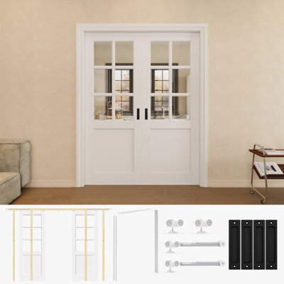 Porte de placard coulissante double en verre transparent 60 po x 80 po à 6 verres avec quincaillerie noire et cadre de porte blanche