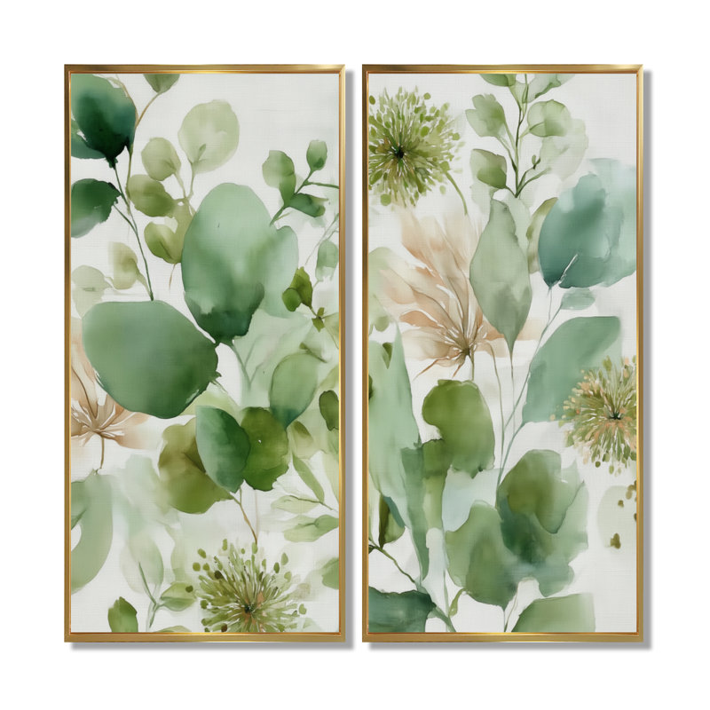Watercolor Greenery Sage Watercolor - Plants Wall Art Decor, Green Botanical Canvas Print 2 Piece, 20" H x 24" W, Gold