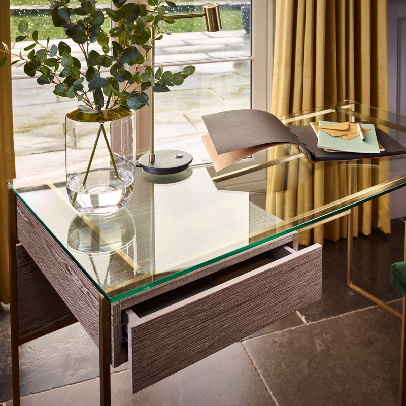 Euclid Glass Top Metal Base Writing Desk, Brass Brushed