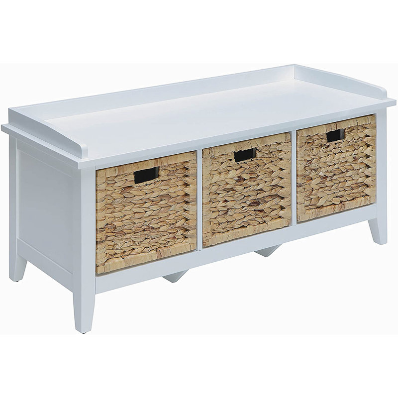 White Wood and Rattan Storage Bench with Drawers