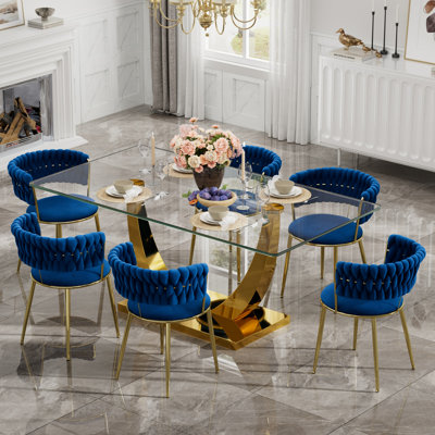 Rectangular Pedestal Dining Set with Modern Weaven Velvet Dininig Chair