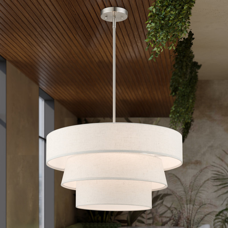 4 - Light Steel Dimmable Drum Chandelier, Beige, Brushed Nickel