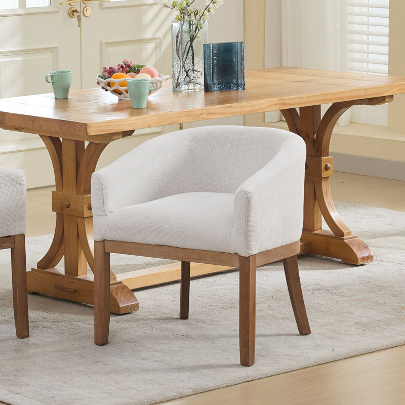 Mid-Century Modern Upholstered Barrel Armchair – Farmhouse Linen Dining Chair with Solid Hardwood Frame, 19”W, Anti-Scratch Legs, Versatile for Kitchen, Office & Living Room – Easy Assembly