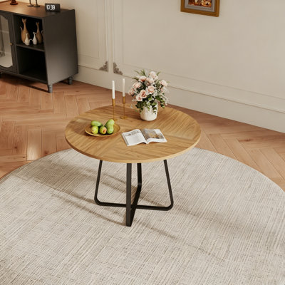 43.31in Modern Round Dining Table, Natural Wood MDF Tabletop with X-Shaped Metal Base, Single Box Kitchen Dinner Table Seats 4-6 for Dining Room Livin