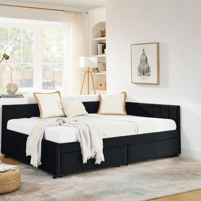Lit double noir avec revêtement en velours, deux tiroirs pour l'organisation, confortable et moderne, pièce de chambre noire, structure rembourrée, tiroirs de rangement, salle familiale moderne