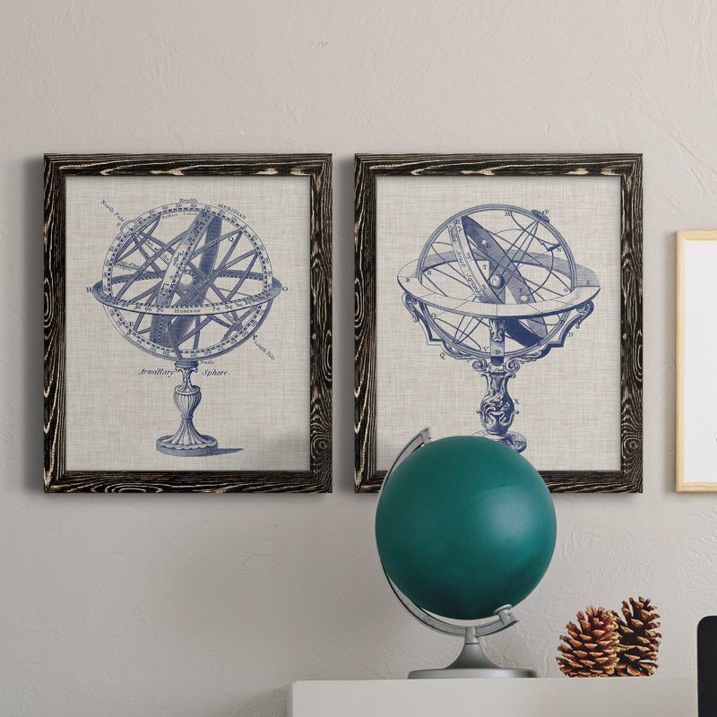 Armillary Sphere on Linen I - Reproduction d'art graphique encadré, H 20 po x l 17 po x P 1 po, Toile avec cadre noir