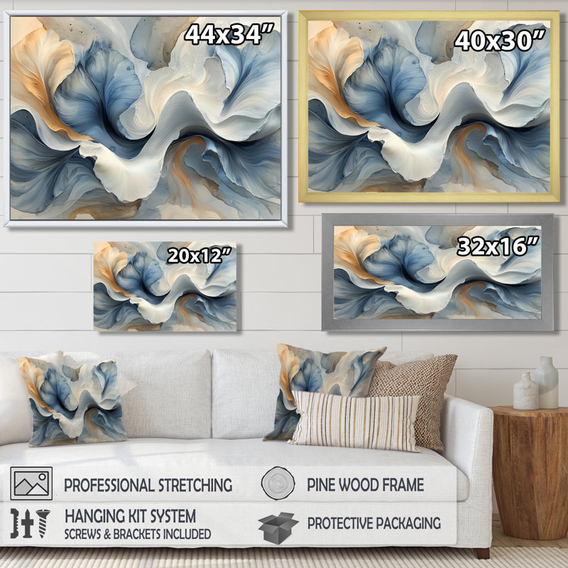 Ocean Blue Delicate Floral Petals IV - Abstract flowers Wall Art Decor, Floater Frame Print, 34" H x 44 W, Black