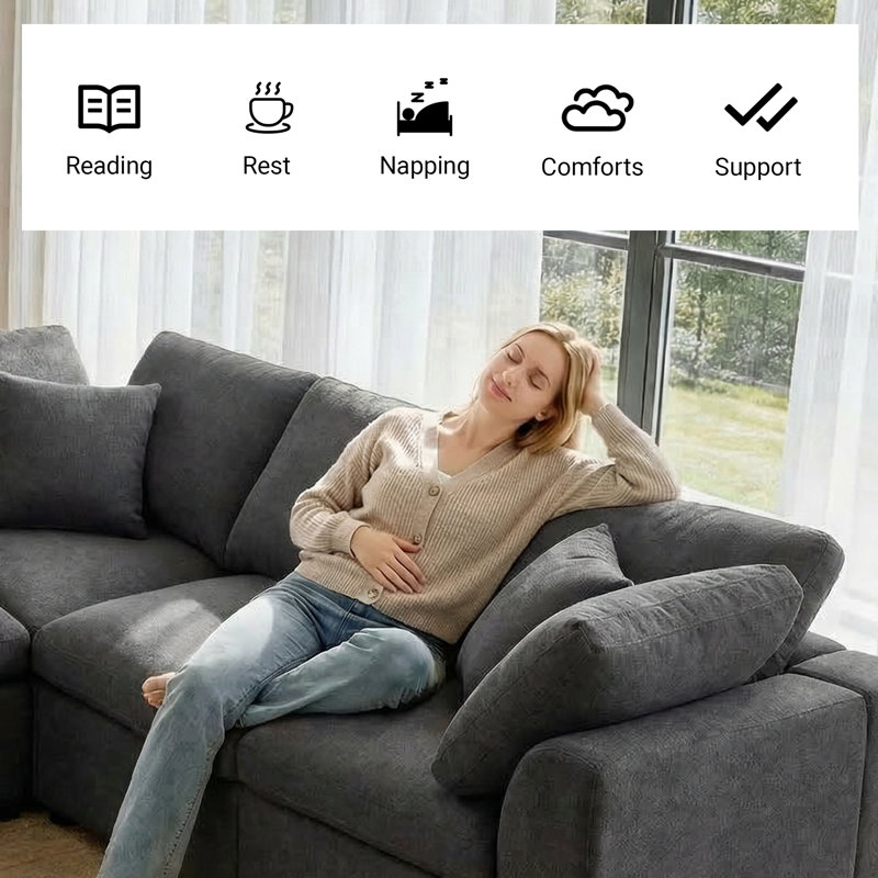 Grand canapé modulaire d'angle 125 "en chenille de 7 places avec repose-pieds et coussins 125", Gris chenille