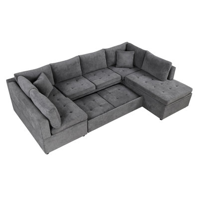 117.3" Gray U-Shaped With Pull-Out Function And Detachable Lumbar Support Pillows. Spacious, Comfortable Oversized Bed Two Pillows, Gray. Spacious Seating, Foam, Chenille Cover