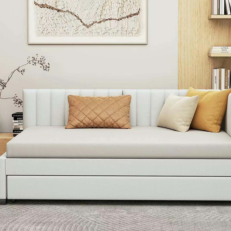 Lit de jour rembourré avec lit gigogne Canapé-lit simple sans sommier, tissu en lin (beige), Lit simple, Beige
