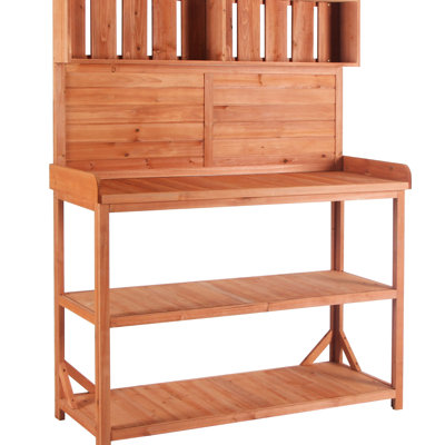 Banc de jardin 65 po en bois rustique, naturel avec 4 tablettes et crochet latéral pour l'extérieur
