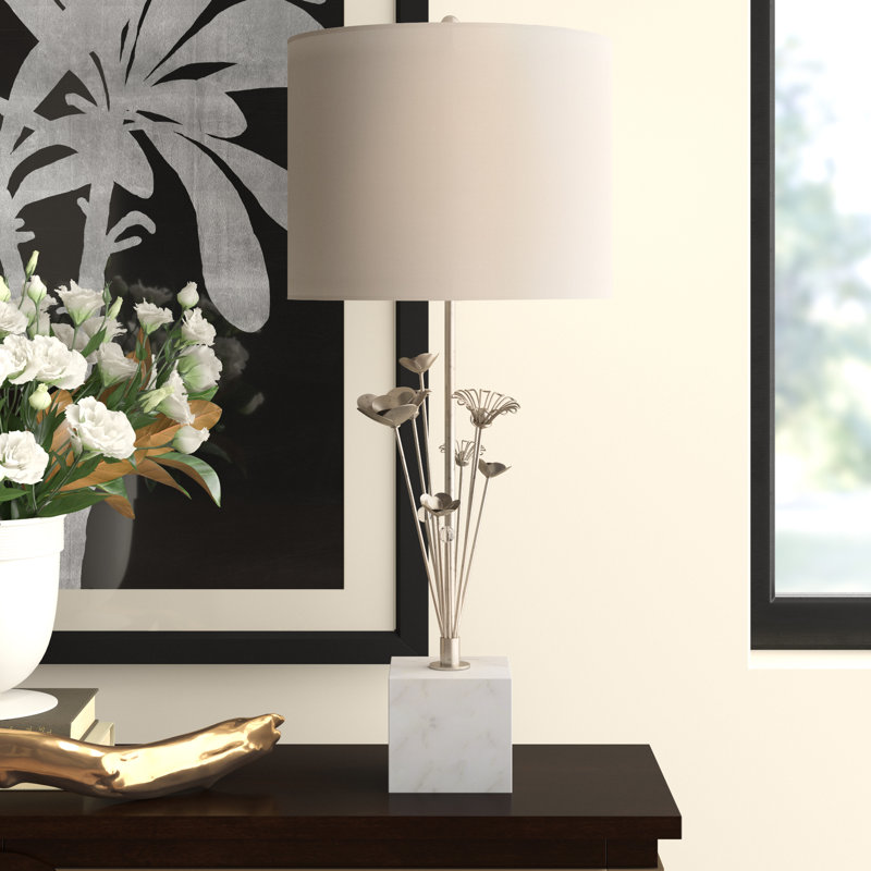 Table Lamp, Burnished Silver Leaf/White Marble, Cream