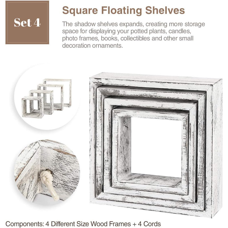 Floating Wall Shelves Set Of 4 - Rustic Wood Cube Display Shelf For Home Decor - Modern Boho Hanging Shelves For Living Room, Bedroom, Office - Sturdy And Versatile Storage Solution