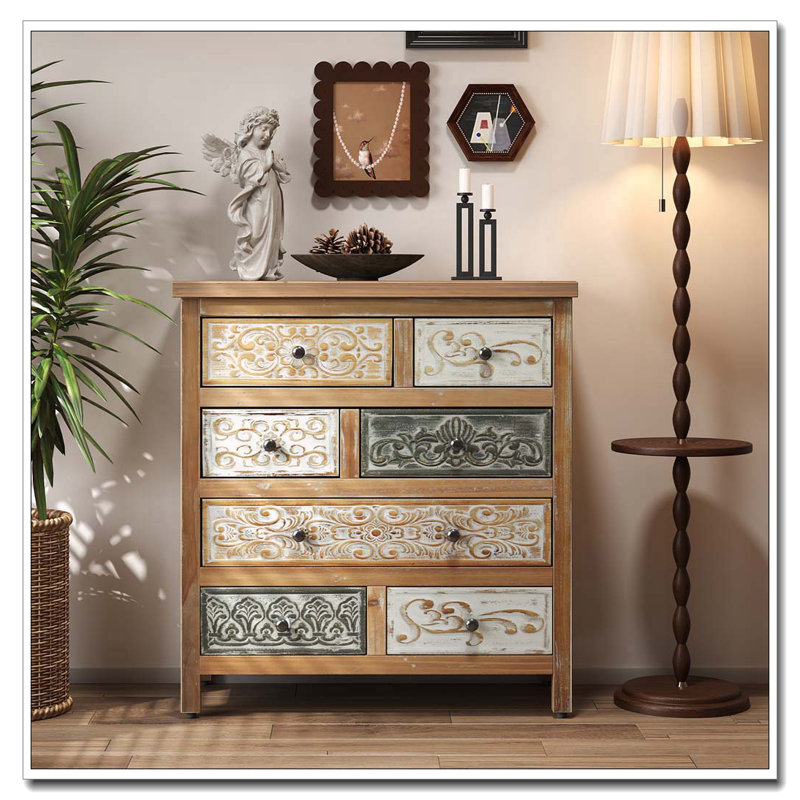 Wooden Accent Chest With 6 Drawers, Rustic Multicolor Carved Storage Dresser For Bedroom, Living Room, Farmhouse Style Decor