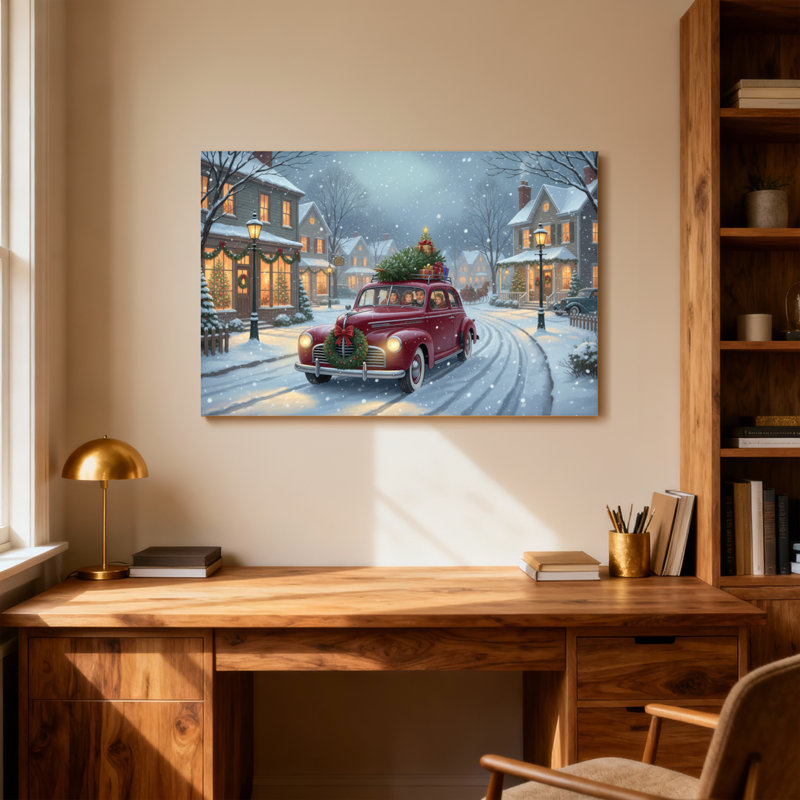 Noël, voiture de Noël, scène de rue enneigée, lumières des Fêtes, H 12 po x l 18 po