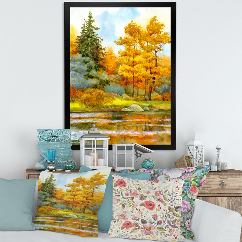 Forêt automnale au bord du lac I - Peinture sur toile, H 40 po x l 30 po x 1,5 po, Toile avec cadre noir