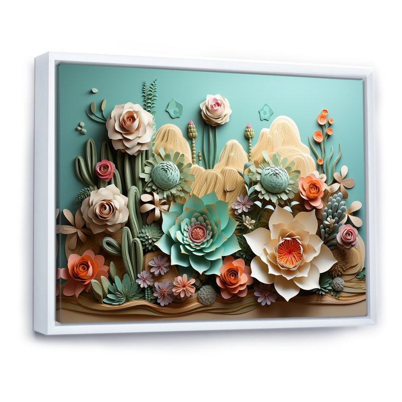 Cactus Mint Mirage - Cactus, reproduction d'art sur toile, Cadre flottant blanc, H 34 po x l 44 po x P 1,5 po