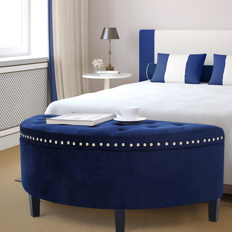Banc de rangement rembourré Roxann, Velours bleu royal