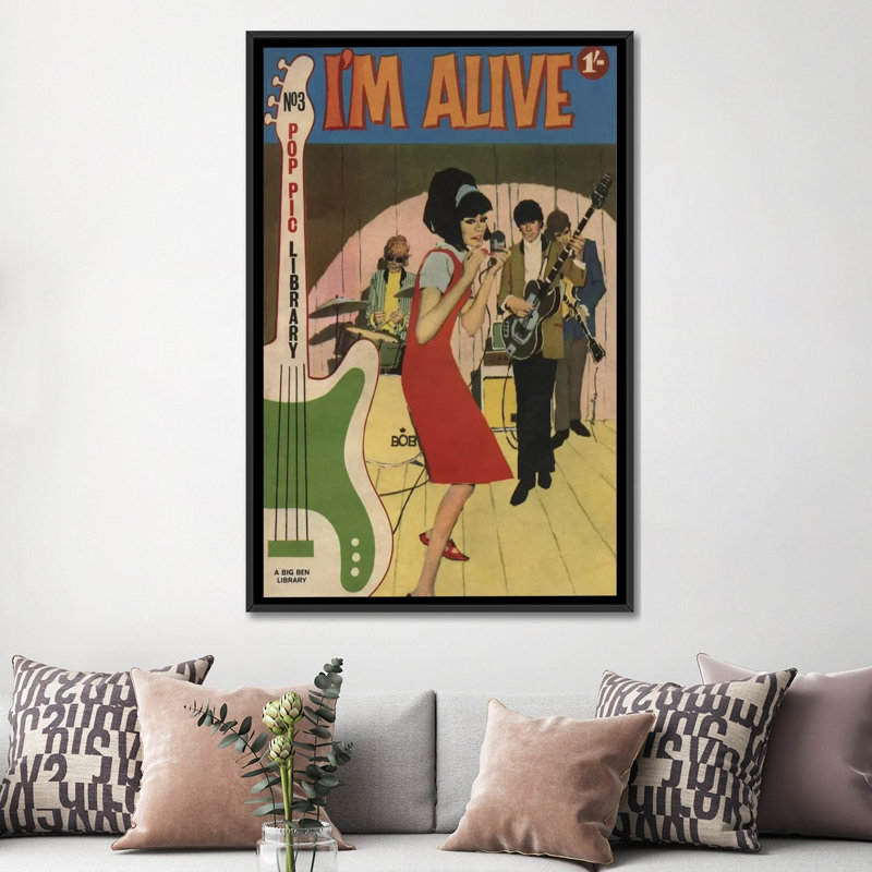« i suis alive », affiche rétro sur toile, H 26 po x l 18 po x P 1,5 po, Toile avec cadre noir, Pas de tapis