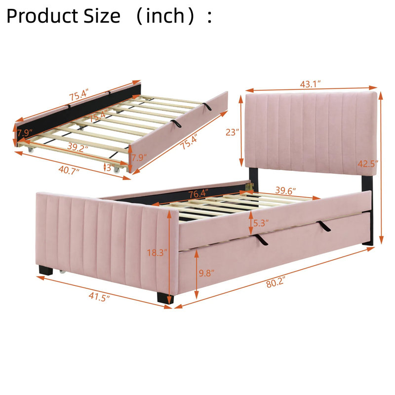 Lit plateforme en velours avec lit gigogne simple Modern, Lit simple, Rose