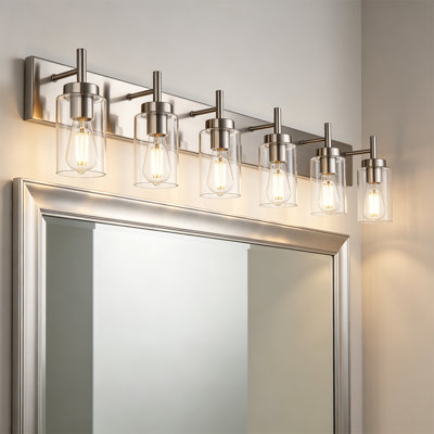 6-Light Brushed Nickel Bathroom Vanity Light, Modern Clear Cylinder Glass Shade Wall Mount Vanity Lighting Fixture for Bathroom & Powder Room