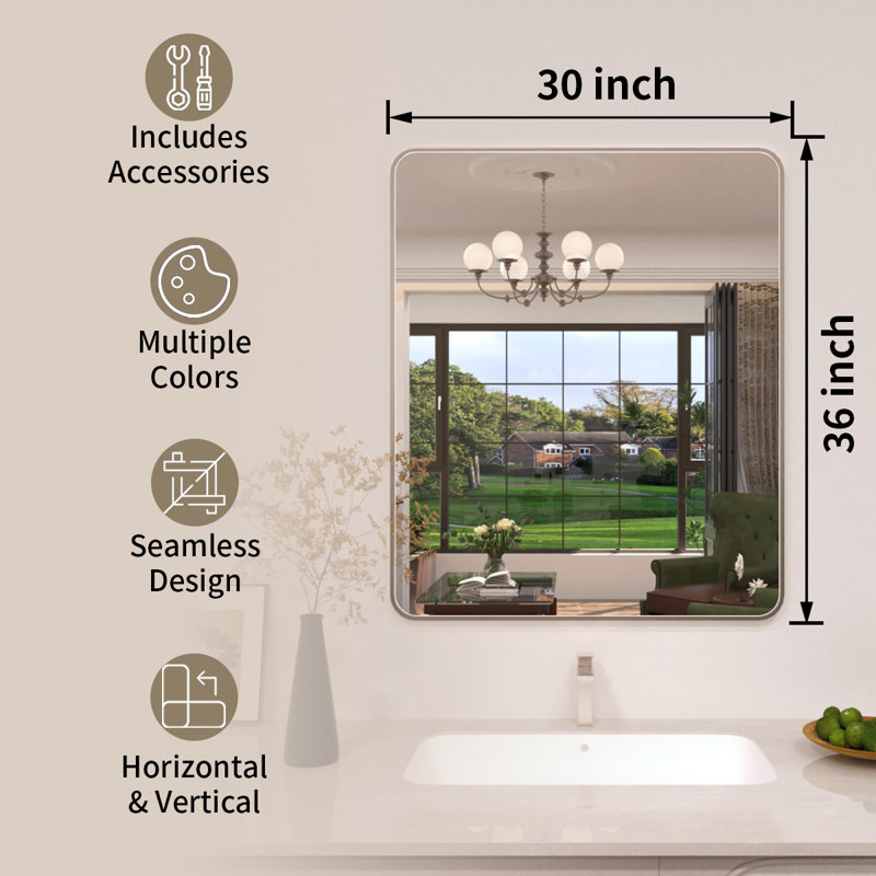 Lucha Brushed Nickel Framed Wall Mounted Bathroom Vanity Mirror with Tempered Glass, 30" x 36", Brushed Nickel