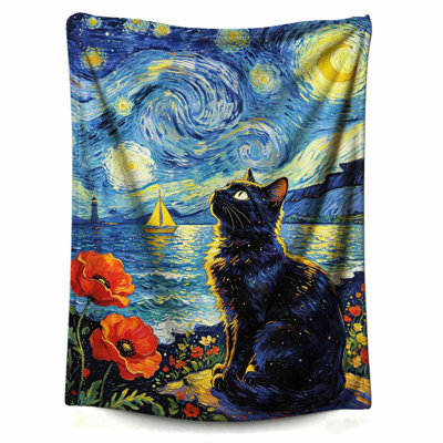 Blanket Black Cat Under the Starry Night Soft and Comfortable Wool Fleece Throw Blankets for Sofa Office Car Camping Yoga Travel Home Decoration Cozy Plush Beach Gift, 50 x 60 inComes with a canvas bag with cat print as a bonus