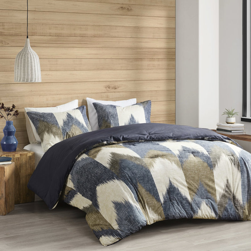 Couette Mini King - Bleu marine, imprimé coton 200 fils, 2 taies d'oreiller assorties, taies d'oreiller carrées vendues séparément, King/Linge de lit