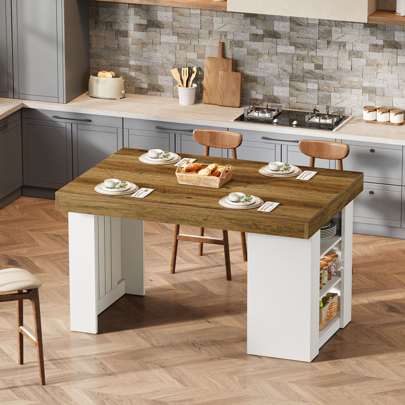 55-Inch Farmhouse Stationary Kitchen Island Table with Large Countertop, Counter Height Home Bar Table for Kitchen, Dining Room, Rustic Brown & White