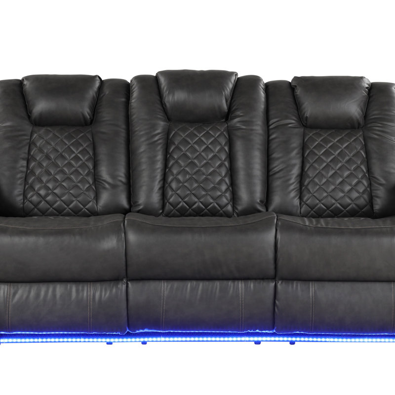Power Reclining Sofa With Faux Leather, Adjustable Headrests, And Ambient LED Lighting For Ultimate Comfort And Style., Gray