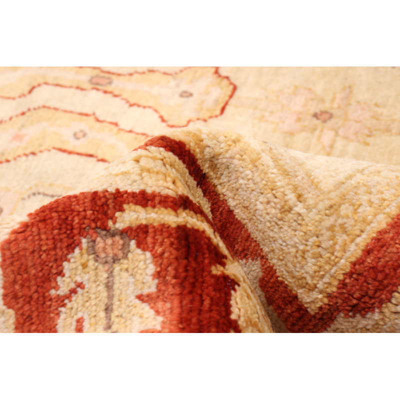 Tapis unique en laine noué à la main nouvel âge 4 pi x 6 pi kaki clair / rouge / beige Winni