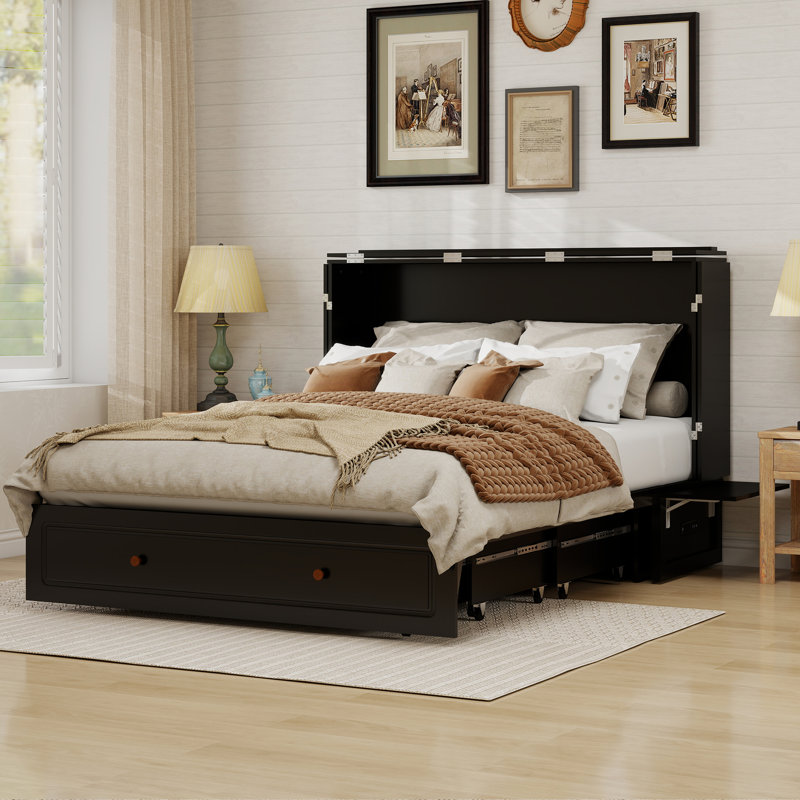 Grand lit escamotable moderne avec tiroirs de rangement et station de charge intégrée - Lit armoire peu encombrant pour chambre d'amis - (sans matelas), noir