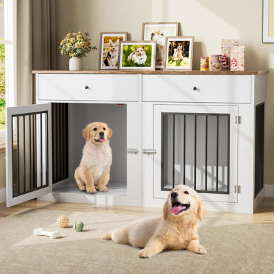 Meuble double 60 po avec 2 tiroirs, cage en bois de ferme pour 2 chiens, cage intérieure et meuble télé