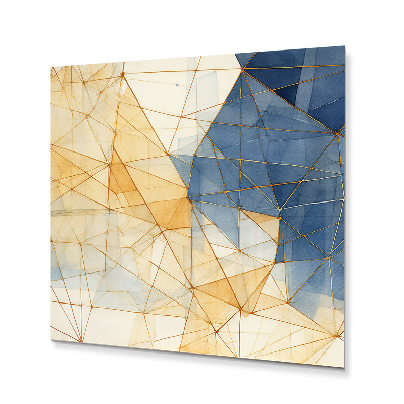 Décoration murale en métal minimaliste bleu et or II - formes abstraites, H 16 po x l 16 po x P 1 po