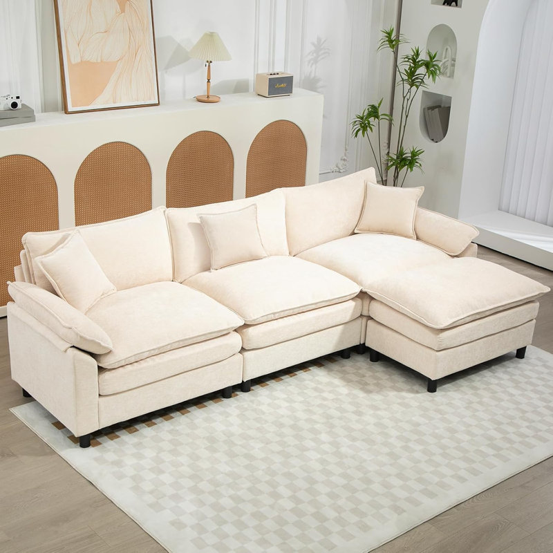 Canapé modulaire rembourré en L avec repose-pieds, Chenille beige, H 34,6 po x l 111,8 po x P 57,8 po