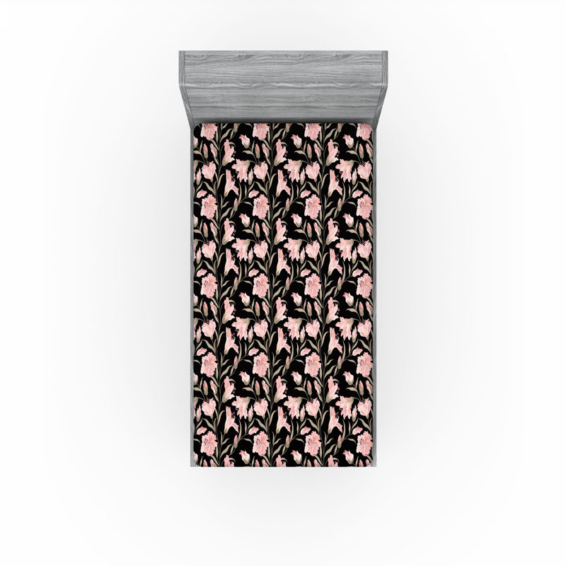 Drap-housse Ambesonne, Rose pâle, gris anthracite, gris / floral, Drap-housse simple TG