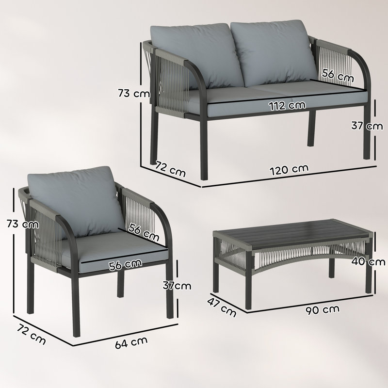 Outsunny 4 Piece Rattan Garden Furniture Set, Loveseat, 2 Armchairs, Grey
