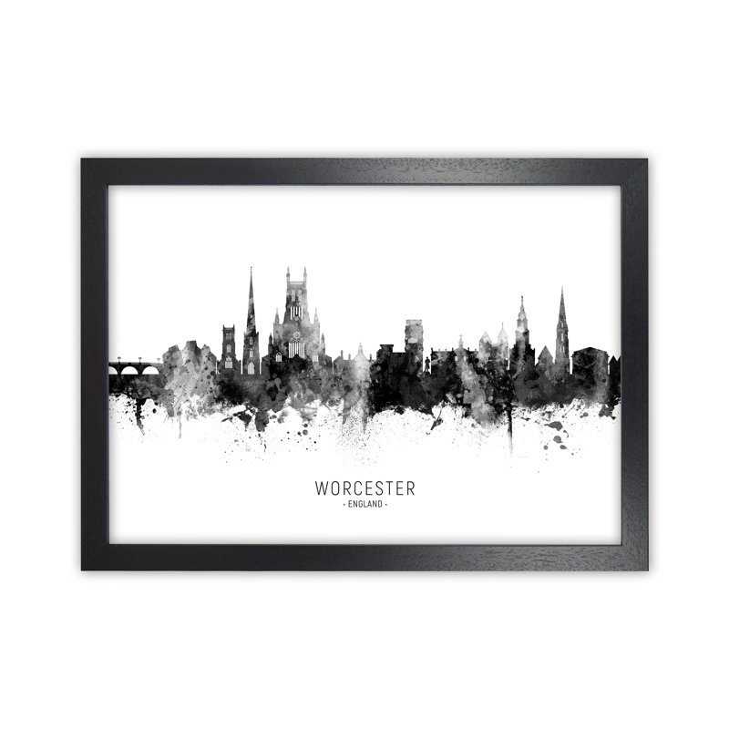 Worcester England Skyline Black White City Name by Michael Tompsett - Print, Black Framed, 64cm H x 88cm W x 3cm D