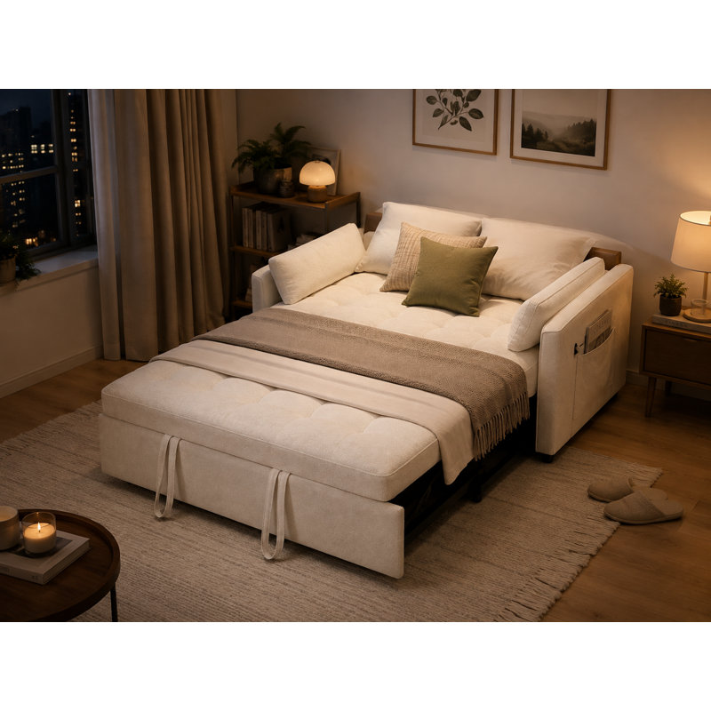 55" Convertible Sofa Bed with USB Ports & Adjustable Backrest,Floding Pull Out Couch, Beige