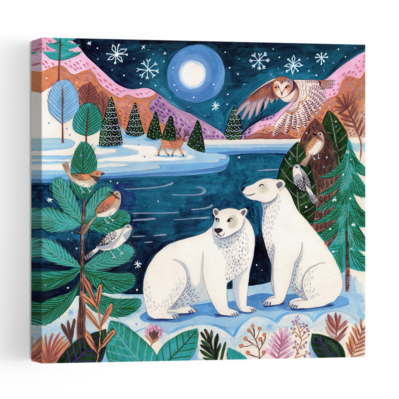 Polar Bears Christmas At The North Pole Under The Moon Abstract Contemporary Bear Bird Deer Forest Landscape Wall Art Print 1 Piece Wrapped Canvas Wall Art