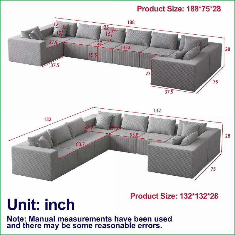 Canapés modulaires, en forme de L, modulaire, en forme de L, 8 pièces, 188 pouces pour salon | Velours côtelé | Vert armée