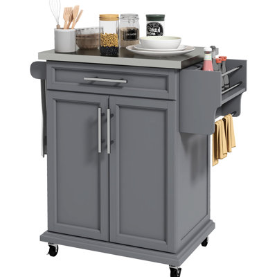 Rolling Kitchen Island, Stainless Steel Countertop, Drawer, Towel Rack And Spice - Gray Utility Cart Island Counter Cabinet With Counter, Holder, Shelf, Storage