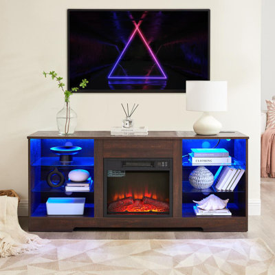 TV Stand with Electric Fireplace and Glass Shelves