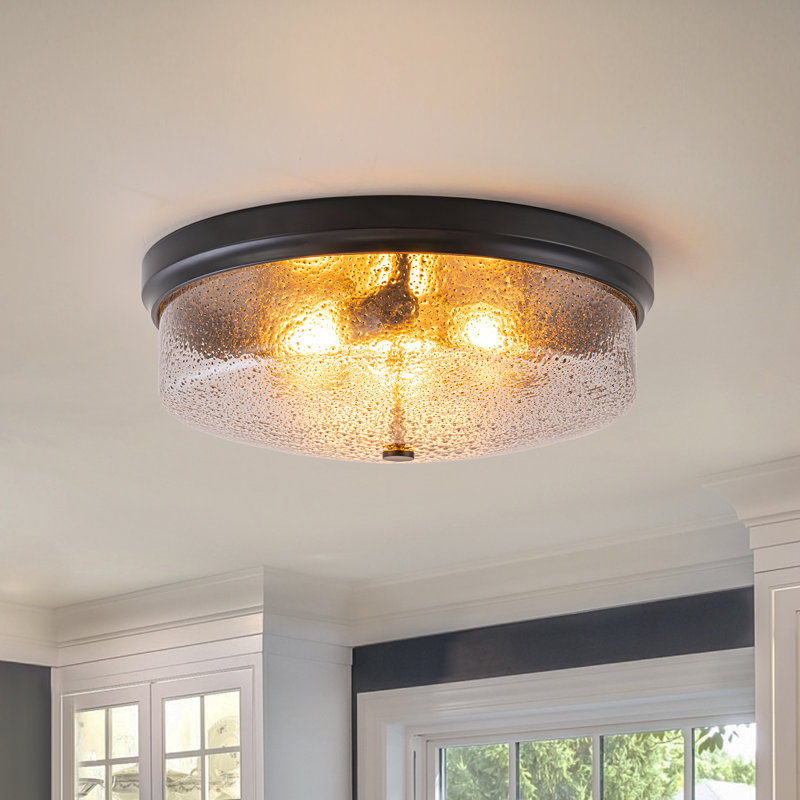 3-Light Gritty Coarse-grained Glass Bread-Shaded Flush Mount, Satin Black