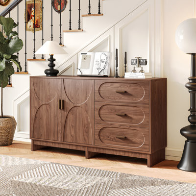 Farmhouse Walnut Buffet Sideboard, Modern Farmhouse Credenza Storage Cabinet with 3 Drawers