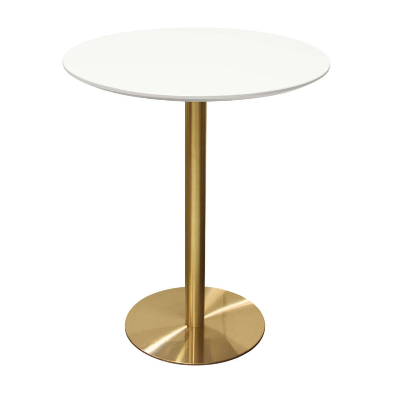 Rely Dining Table, Round White Lacquer Top, Gold Metal Base, 42"H x 36"L x 36"W