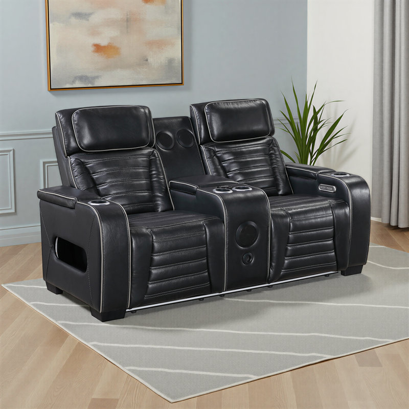 Eshan 73" Modern & Contemporary Top Grain Leather Power Double Reclining Loveseat with Wireless Speakers, Air Massage, Heat & Dual Center Consoles