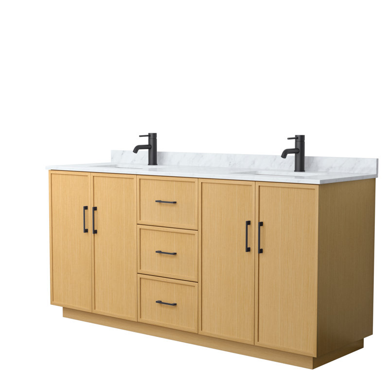 Ensemble de meuble-lavabo double autoportant 72 po avec plateau en marbre Elan TK, Chêne clair, Noir mat